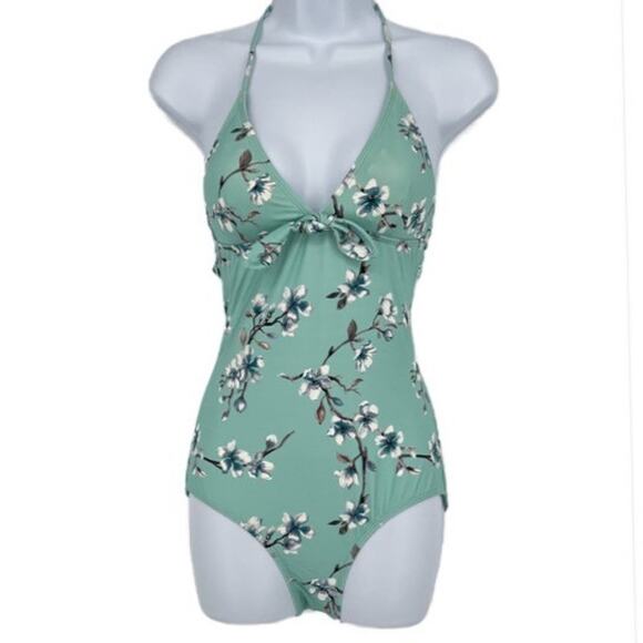 Swimsuit Vintage Style Halter One Piece in Green Dogwood Floral Print Size S - Picture 1 of 9